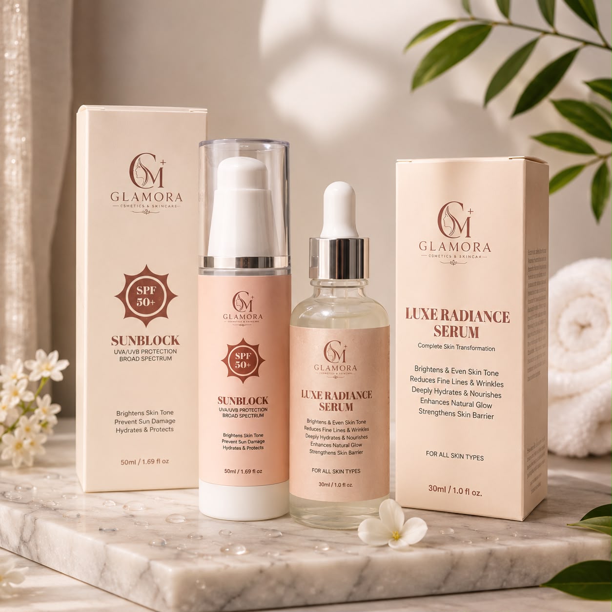 Glamora Glow & Protect Duo – SPF 50+ Sunblock + Luxe Radiance Serum