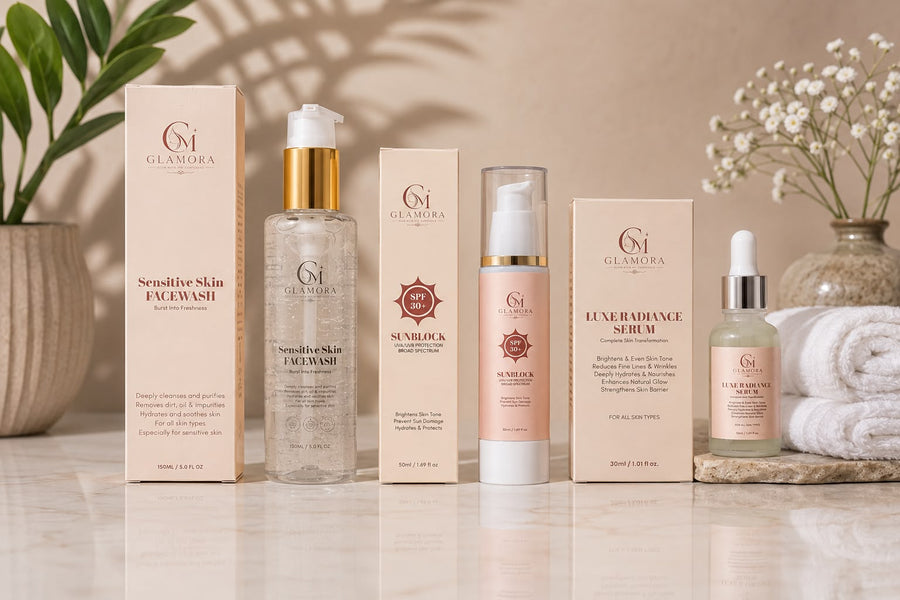 Glamora Complete Skincare Kit – Face Wash + Luxe Radiance Serum + SPF 50+ Sunblock